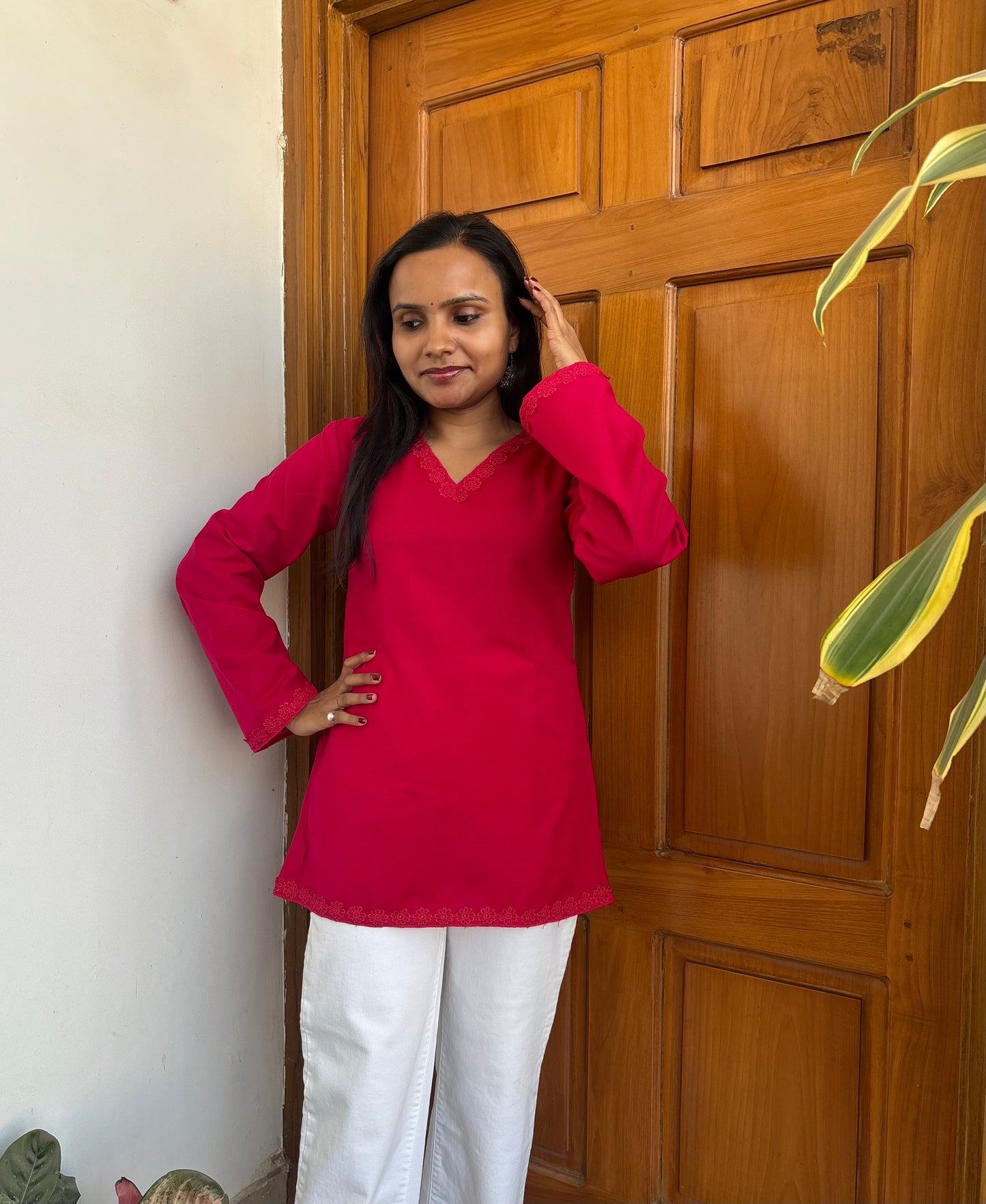 Magenta Classic Lace detail Woollen Short Kurti