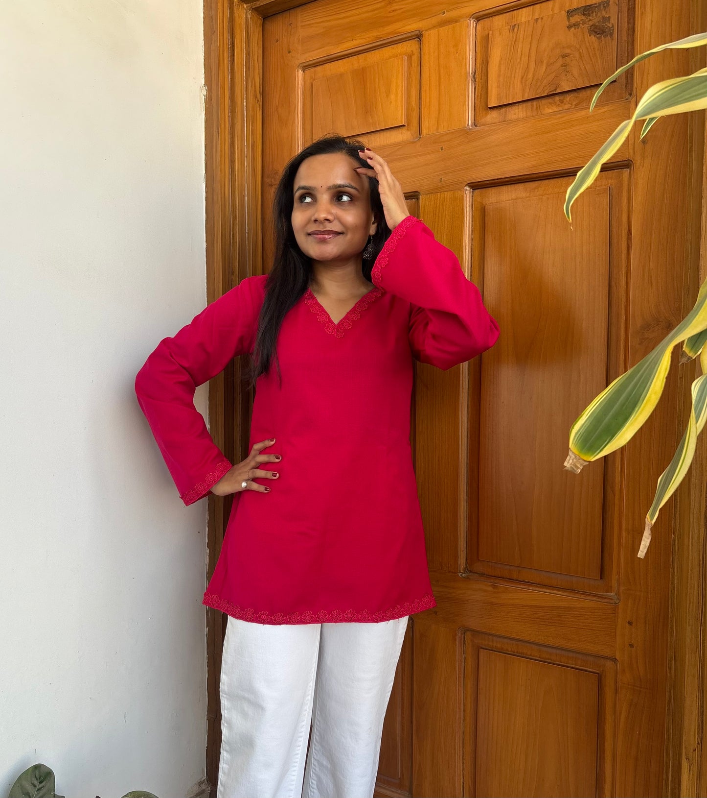 Magenta Classic Lace detail Woollen Short Kurti