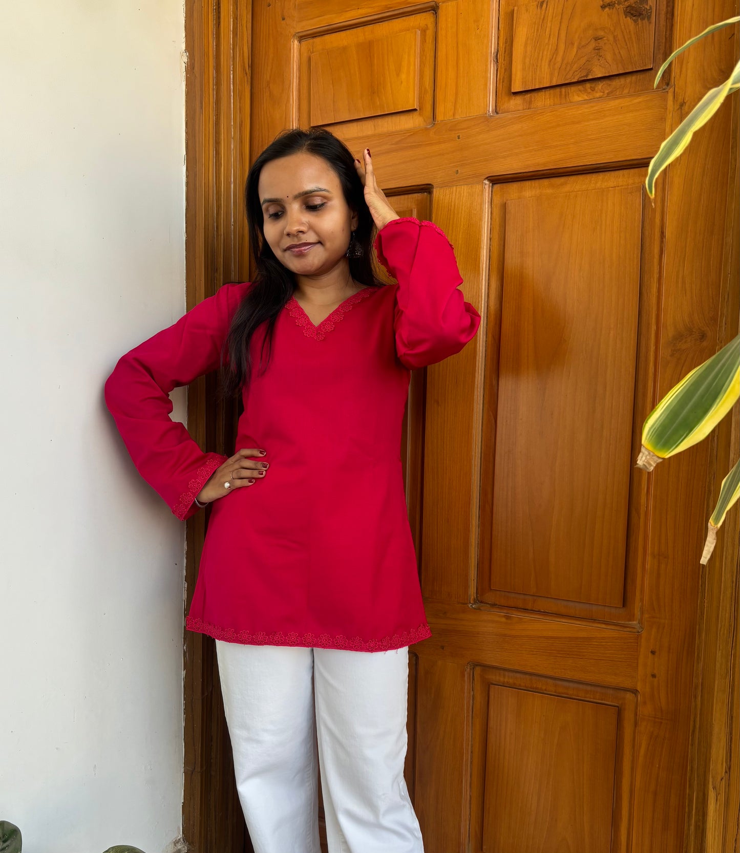 Magenta Classic Lace detail Woollen Short Kurti