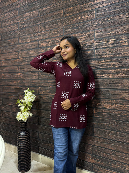 Bandhani Block print V- Neck Straight kurti