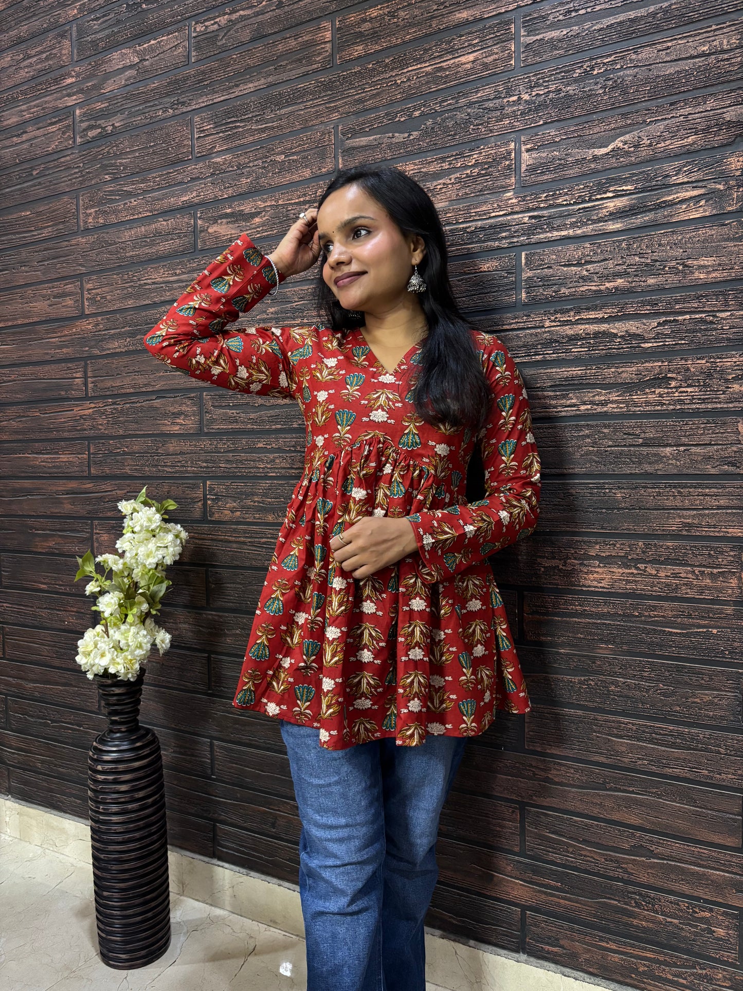 Floral V- Neck Peplum Kurti