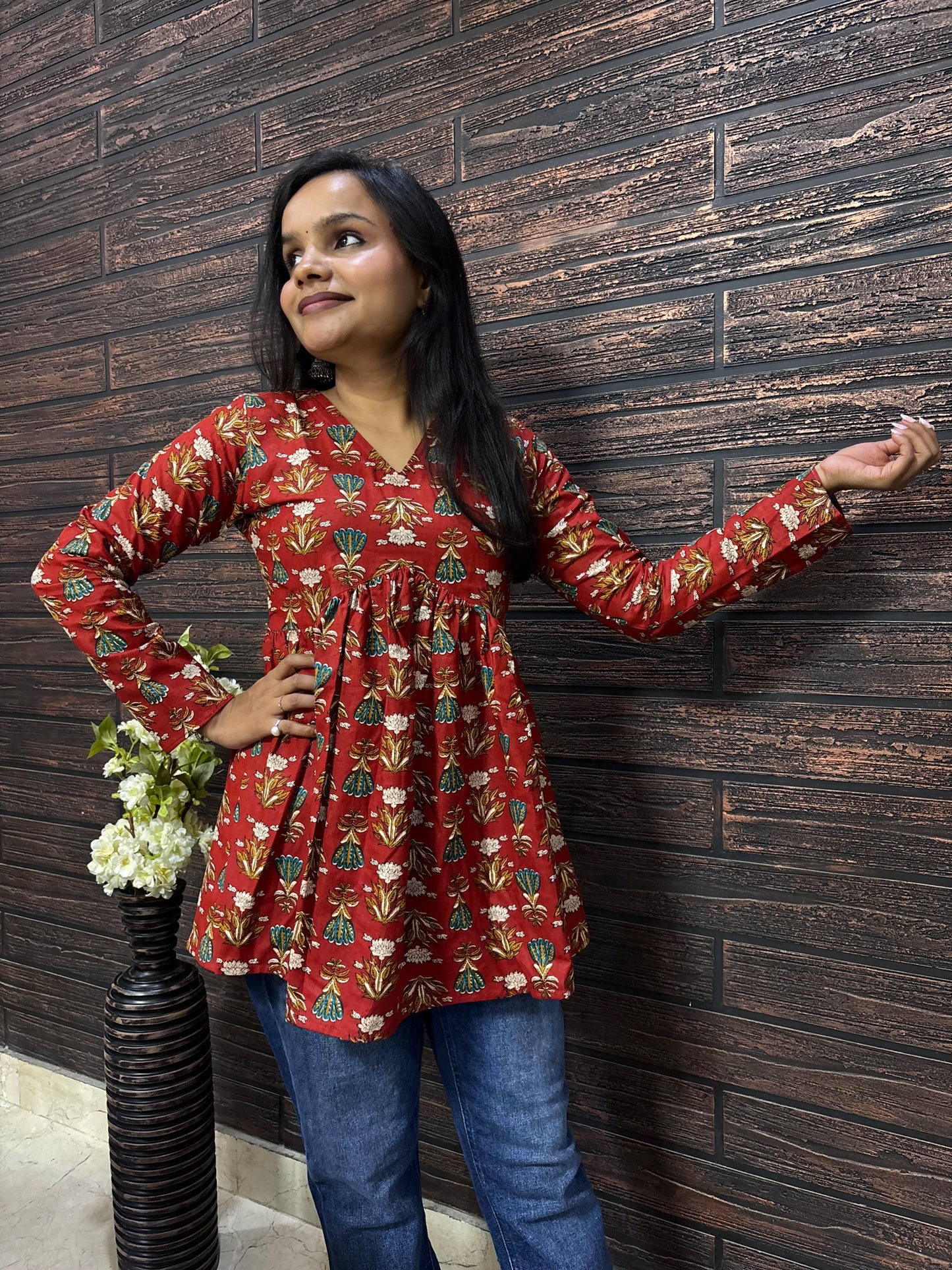 Floral V- Neck Peplum Kurti