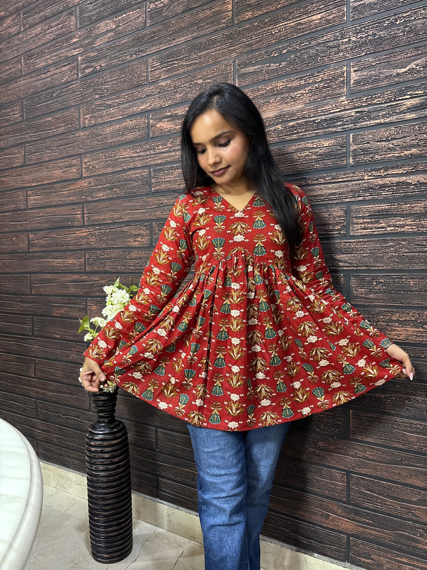 Floral V- Neck Peplum Kurti