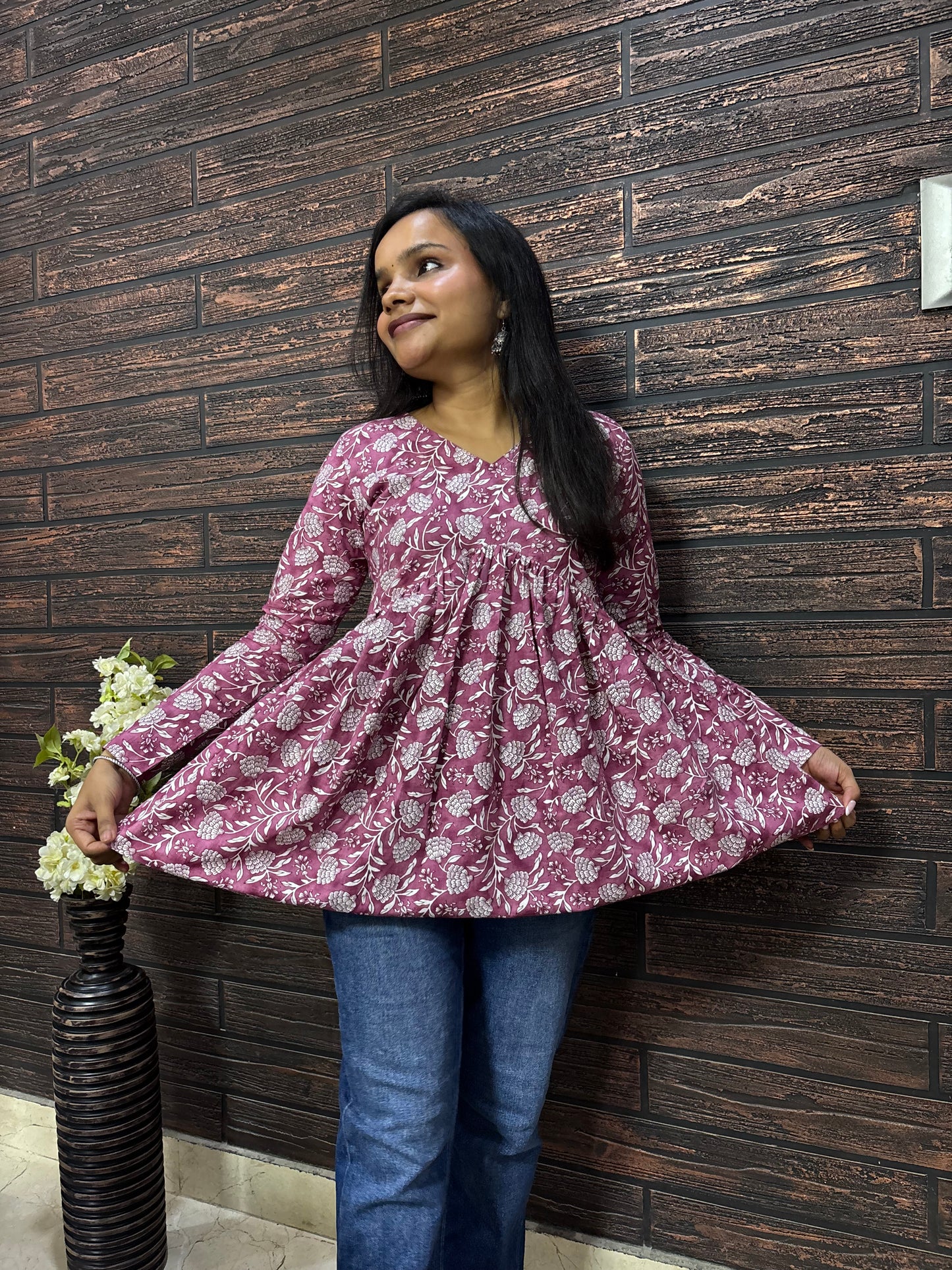 Floral V-Neck Peplum Kurti